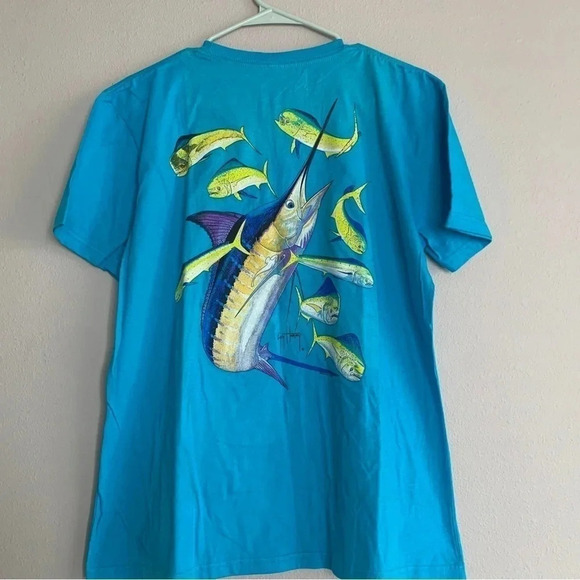 Guy Harvey Women`s Blue Marlins Fish Graphic Short Sleeve T-Shirt Large Double - Picture 2 of 7